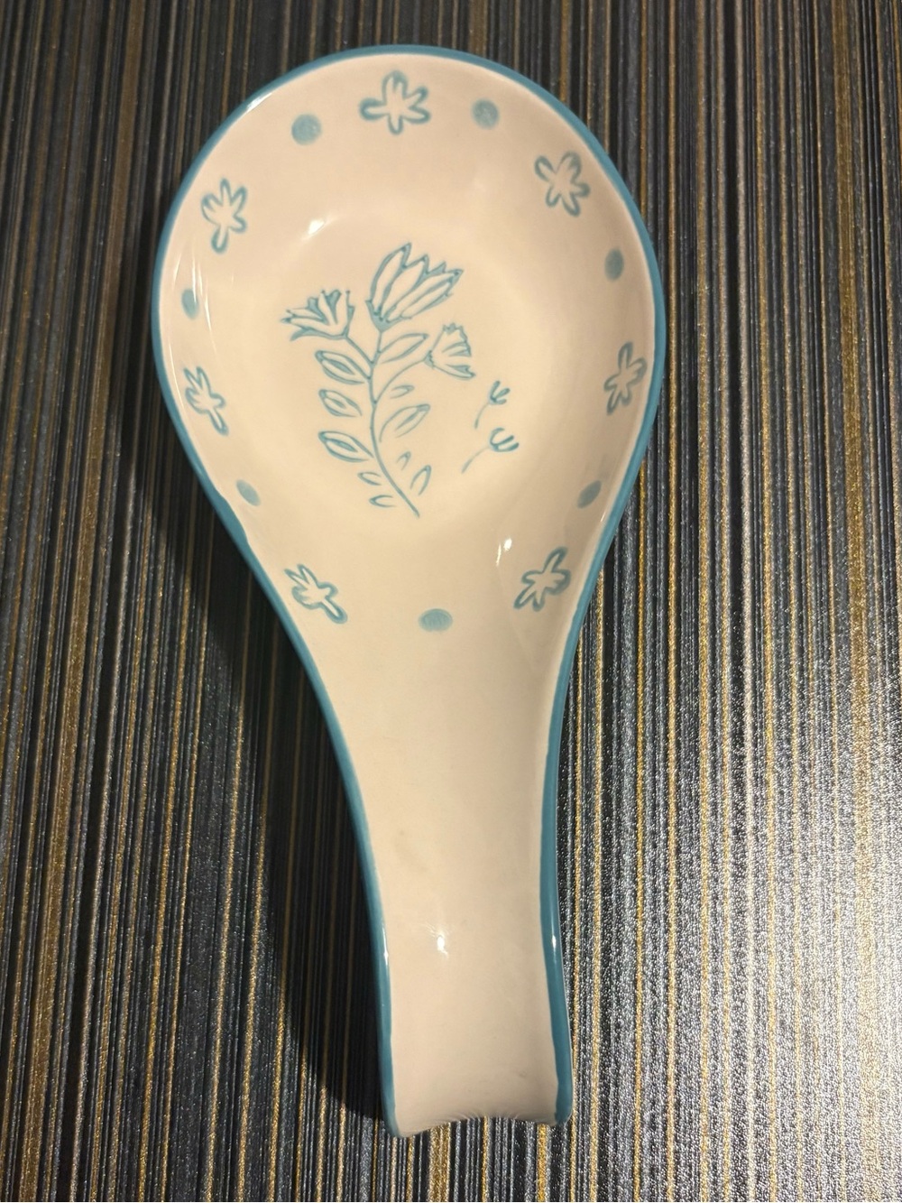 Blue and White Floral Ceramic Spoon Rest - Decorative Kitchen Utensil Holder